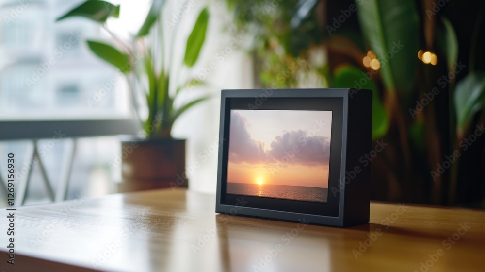 Poster A picture frame sitting on a wooden table, a simple and classic setting for displaying memories