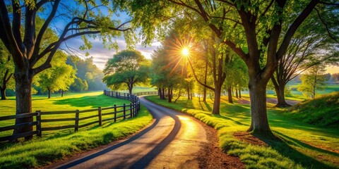 Obraz premium Serene Park Path: Winding Road, Wooden Fence, Lush Trees, Open Sky Double Exposure