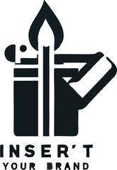 This image features a black and white graphic of a lighter with a flame, incorporating a paintbrush in the flame. Below the graphic, the text reads "INSERT YOUR BRAND." The design combines creativity 