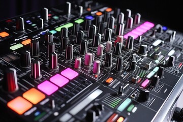 Obraz premium Close-up shot of a professional dj mixer with controls and knobs, ideal for music, sound design or technology related uses