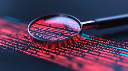A close-up view of code on a screen, magnified by a magnifying glass, highlighting intricate details in vibrant red and blue hues.