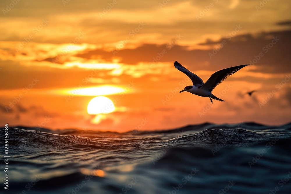 Poster a bird soars above the ocean as the sun sets in the background, with waves gently lapping against th