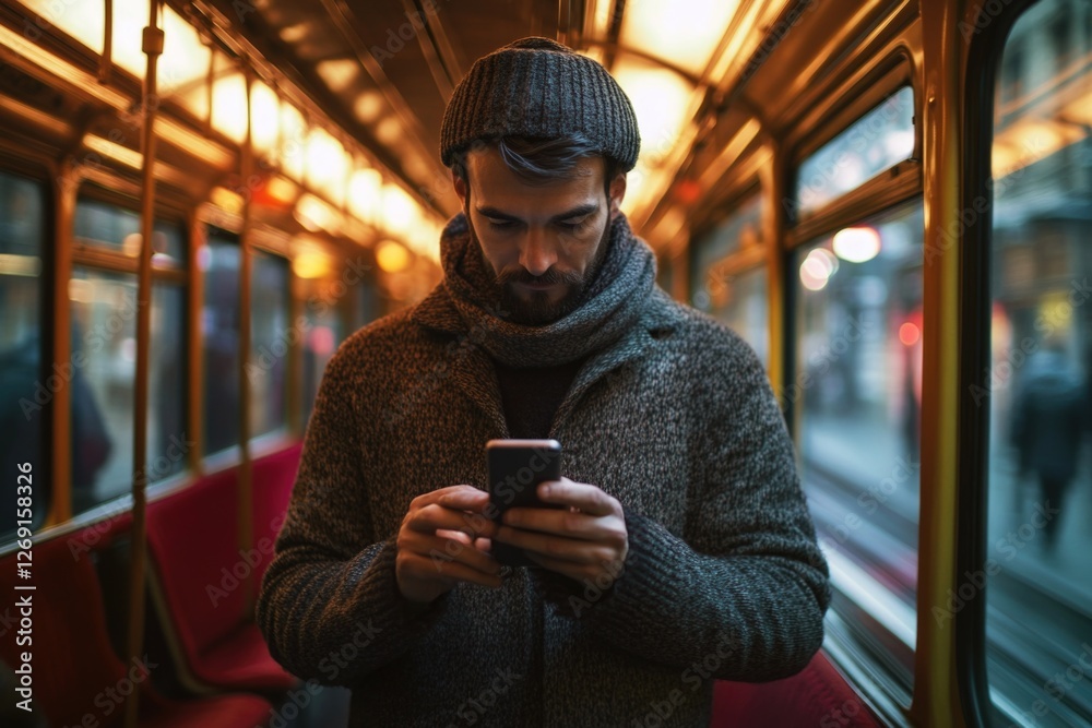Aufkleber a person looking at their phone while on a train, possibly checking messages or browsing