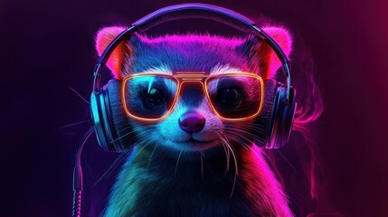 Cool raccoon DJ headphones, neon lights, music