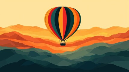 Fototapeta premium Vibrant Stylized Vector Illustration of Hot Air Balloon Floating Above Mountains