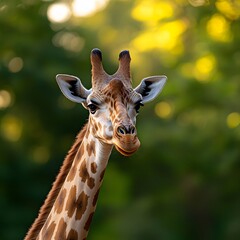 Obraz premium Giraffe portrait, sunlit forest, wildlife safari, nature background, conservation