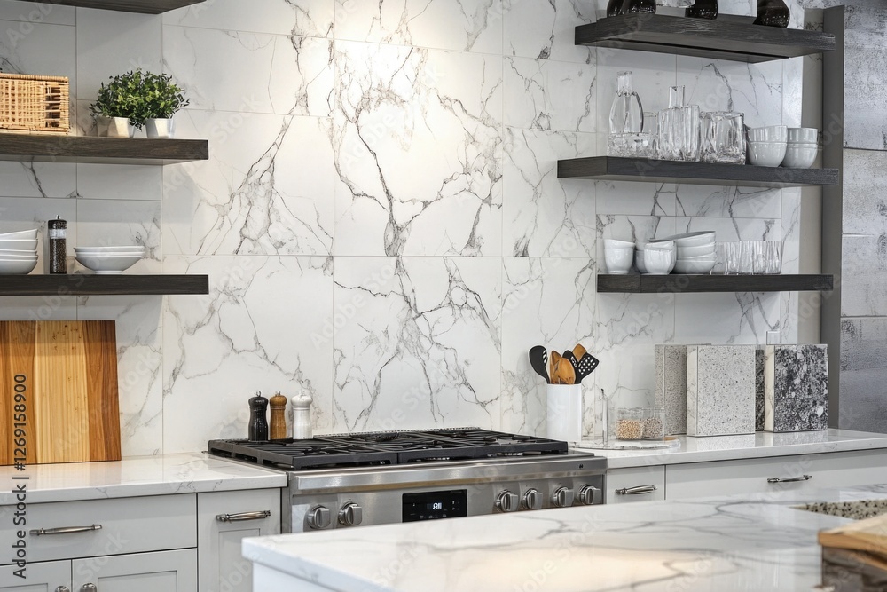 Poster modern kitchen design featuring marble countertops and open shelving units for storage and display