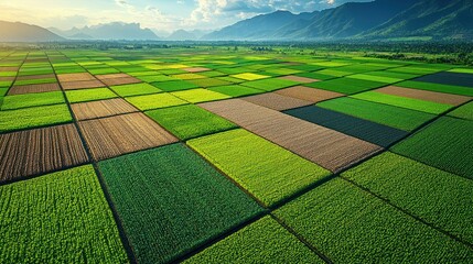 Aerial view of vibrant patchwork farmland at sunset, mountains in background; agricultural use