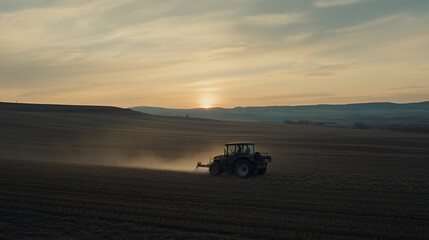Tractor cultivating field at sunset. (1)
