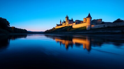 Majestic medieval castle reflected in the tranquil river at twilight