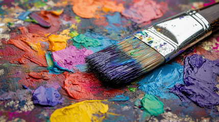 Fototapeta premium Vibrant paint palette with a brush on a textured surface showcasing various colors, copy space