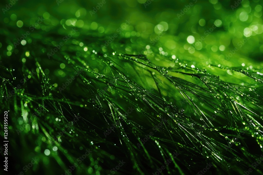 Poster close-up view of water droplets on green grass, perfect for use in environmental or science-related 