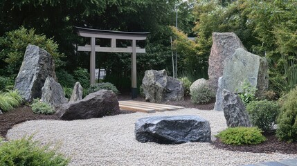 A rock garden featuring large monolithic stones, a raked gravel bed, and a Japanese torii gate.