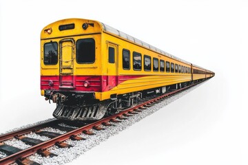 Obraz premium A vibrant yellow train car on a set of railway tracks, featuring a minimalist white background that emphasizes its distinct colors and structure.