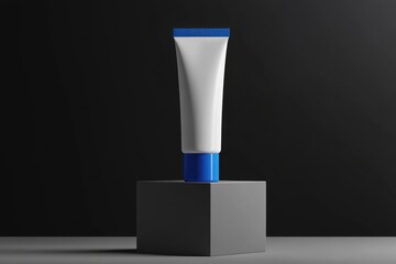 A tube of toothpaste perched on a block, isolated on white
