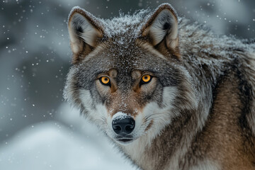 Fierce Wolf Staring in a Snowy Wilderness Closeup 