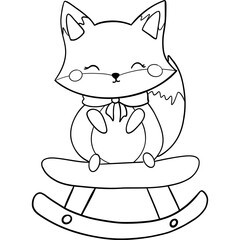 Cute fox character sitting on a rocking toy, designed . outline for coloring.