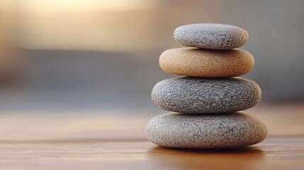 Balanced Stack of Gray and Brown Stones on Wooden Surface