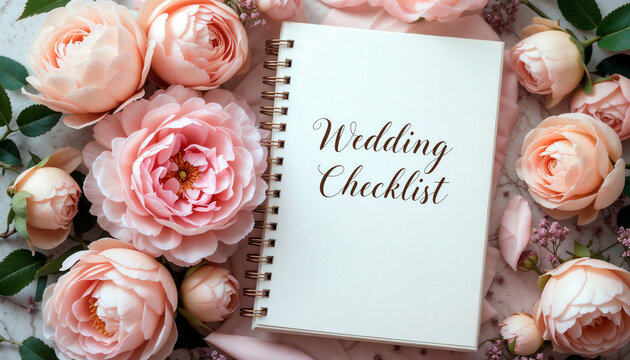 Elegant wedding checklist notebook surrounded by soft pastel peonies and roses in a romantic setting