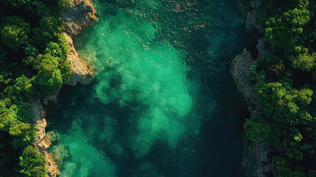 Aerial view Tropical lagoon, green water, lush vegetation, sunlight