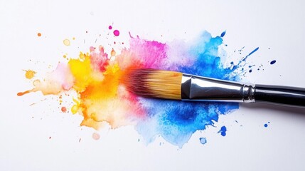 Fototapeta premium Vibrant Watercolor Splashes and Paintbrush on White Background