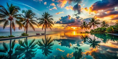 Serene Tropical Beach Pool Escape: Crystal-Clear Waters & Lush Palms
