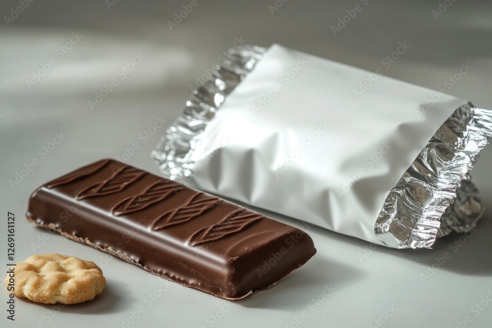 Poster a chocolate bar and a cookie sit on a table, ready for snacking