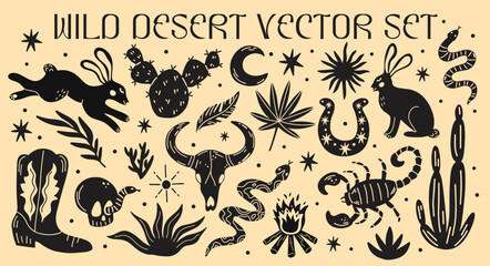 Wild west desert vector sticker elements set. Collection of cute groovy funky cartoon illustration of cowboy western boots, cowgirl aesthetic, animals, plants, horseshoe, snake, skull, cactus - obrazy, fototapety, plakaty