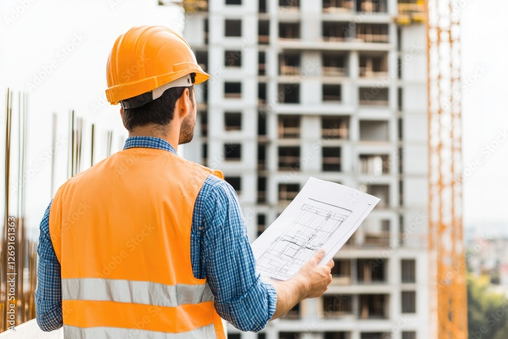 Poster a construction worker holds a blueprint outside a building, ready for the next project