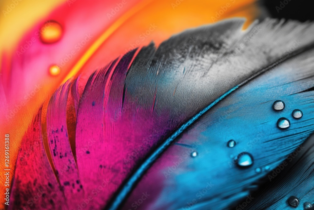 Poster a vibrant feather with tiny water droplets on its surface, perfect for use in illustrations or desig