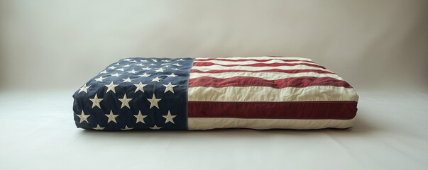 American flag patterned bedspread on neutral background highlighting red, white, and blue colors