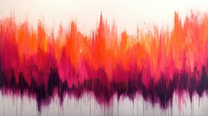 Vibrant abstract painting featuring bold orange and purple hues with a dynamic, dripping texture