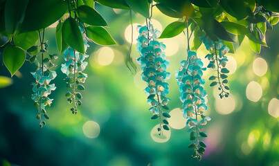 Cascade of hanging turquoise Jade Vine flowers Strongylodon macrobotrys close-up. Generated by artificial intelligence.