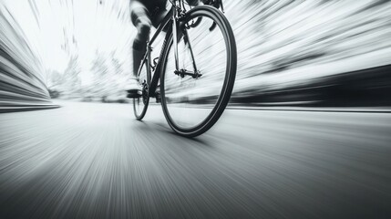 Cyclist Speeding on City Road Black and White Motion Blur