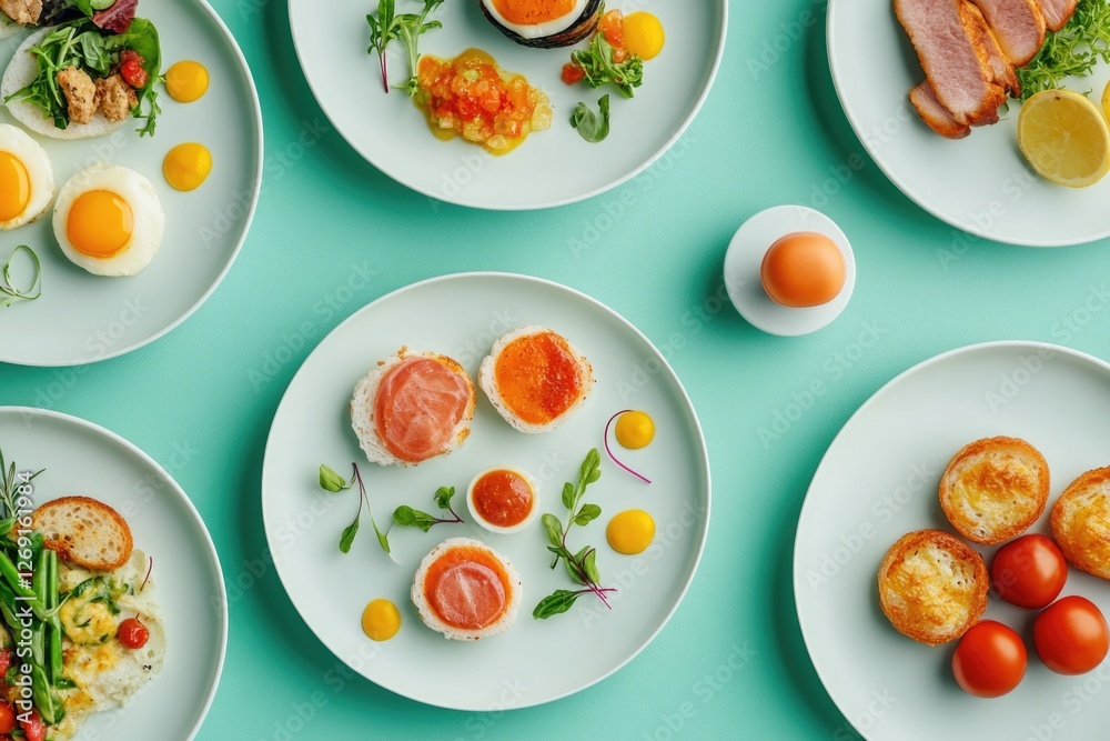 Poster A table set with various plates of food for breakfast or brunch, ideal for editorial use