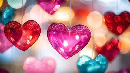 Obraz premium Colorful heart-shaped decorations create a festive atmosphere for Valentine's Day celebrations or romantic occasions