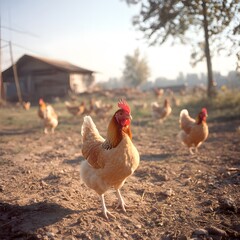 Fototapeta premium Hen, flock, farm, sunrise, rural, dust, morning, poultry, agriculture, rustic