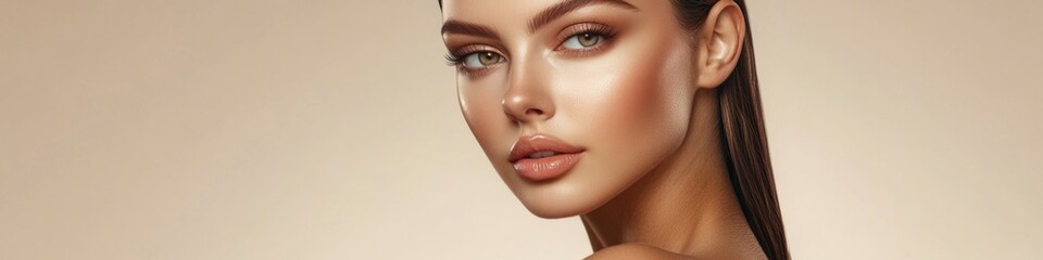 Fototapeta premium A woman with long brown hair and makeup, great for beauty or fashion use