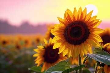Obraz premium A field of tall sunflowers at sunset, great for use as a warm and inviting background