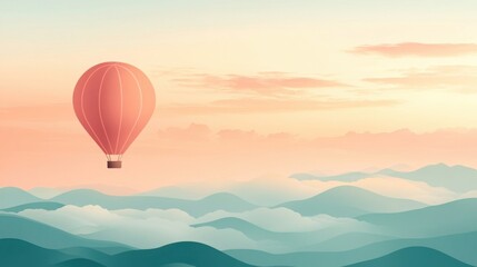 Fototapeta premium Red Hot Air Balloon Soaring Above Misty Mountains at Sunrise