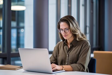 Naklejka premium Focused Businesswoman Working on Laptop in Modern Office
