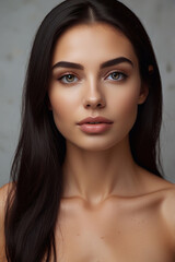 Naklejka premium photo of young beautiful woman with perfect smooth skin, black smooth hair, open shoulders