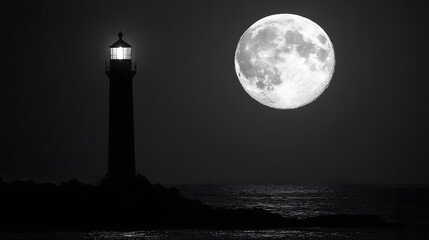 A lighthouse style light from the moon illuminating the night sky casting shadows on the rocky shore near a calm ocean under a full moon