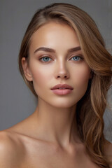Fototapeta premium photo of young beautiful woman with perfect smooth skin, black smooth hair, open shoulders