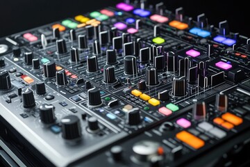 A detailed view of a mixer's control panel with numerous knobs and dials