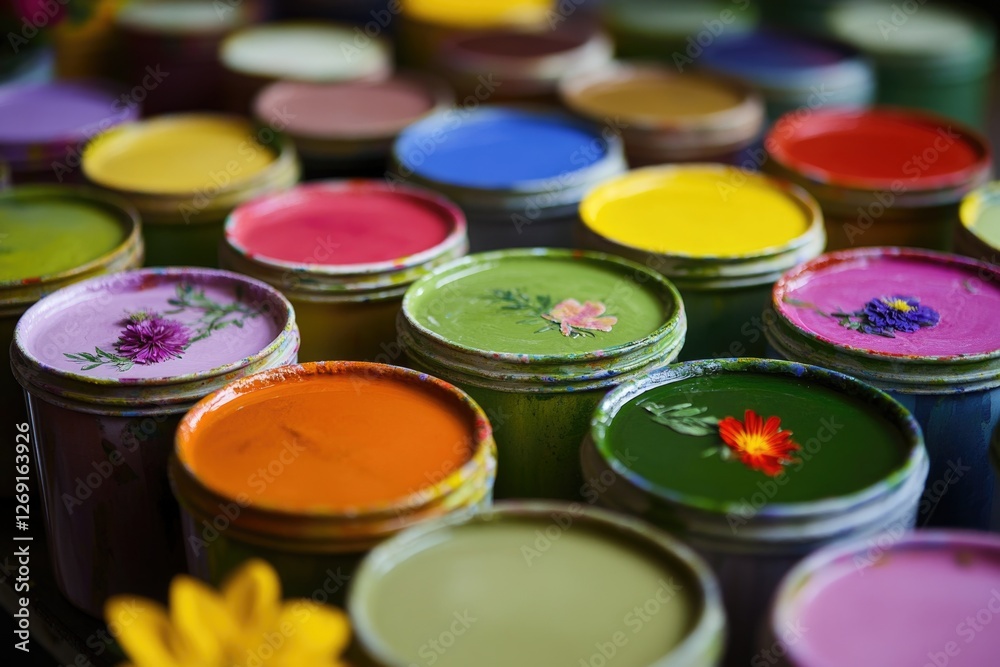 Poster close-up shot of a collection of paint cans with various colors and labels