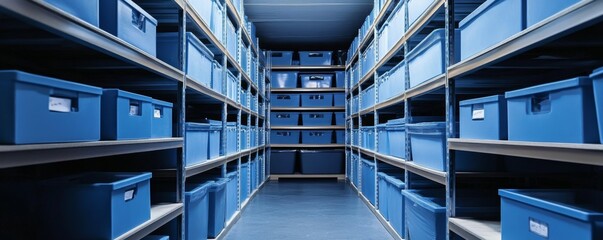 Fototapeta premium Blue storage bins in warehouse aisle