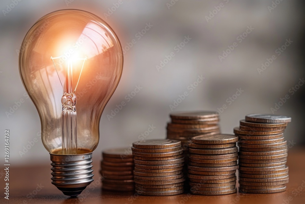Poster a single light bulb sits atop a stack of coins, conveying value and illumination