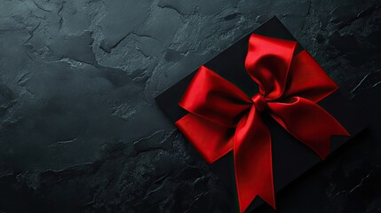 Elegant Red Ribbon Bow on Black Background, Birthday Card Design Template, Minimalist and Stylish Celebration Greeting