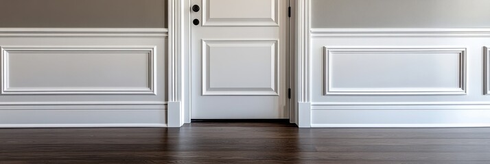 Fototapeta premium Elegant White Wall Paneling With Door And Dark Wood Floor